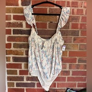 Intimately Free People Blue &Pink Flutter Sleeve Bodysuit with Ruffled Tie Front